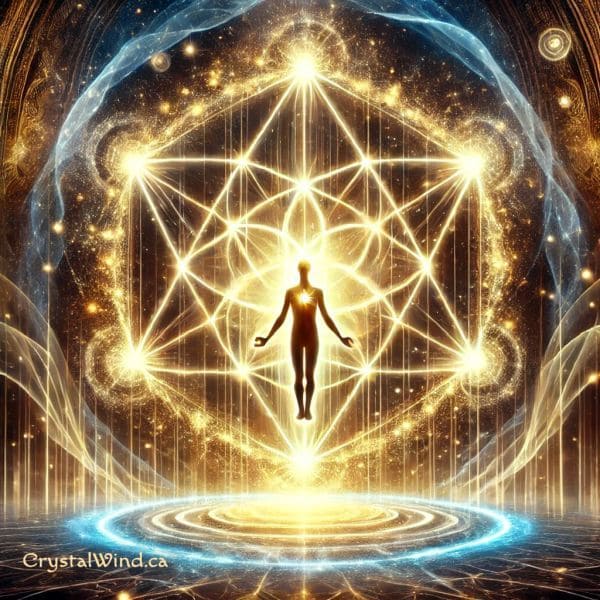 Aura və çakra balansını göstərən meditasiya vəziyyətində insan və enerji dairələri ilə vizual təsvir.